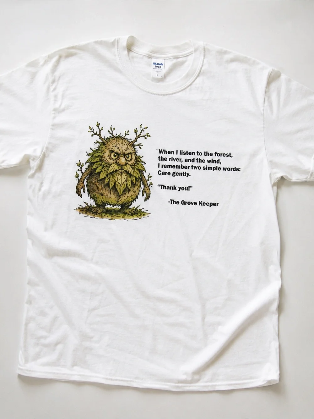 Gildan 5000 White Short-Sleeve Tee with Green & Brown Grove Keeper Illustration